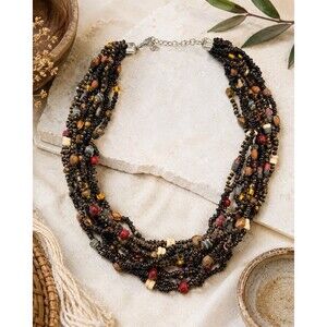 Vintage 1970s Boho Multi Strand Seed Bead Wood Necklace Tribal Statement 18"